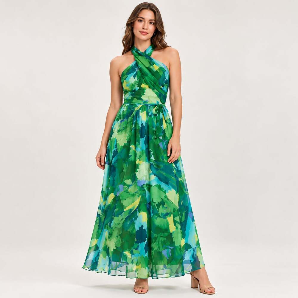 London Times T6226M Green Blue Floral Crisscross Halter Maxi Dress 14 NWT